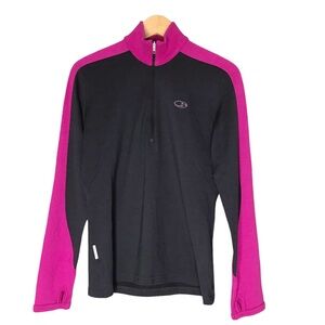 Women's Small Icebreaker Sport 320 Merino Wool 1/2 Zip Knit Sweater Black Pink